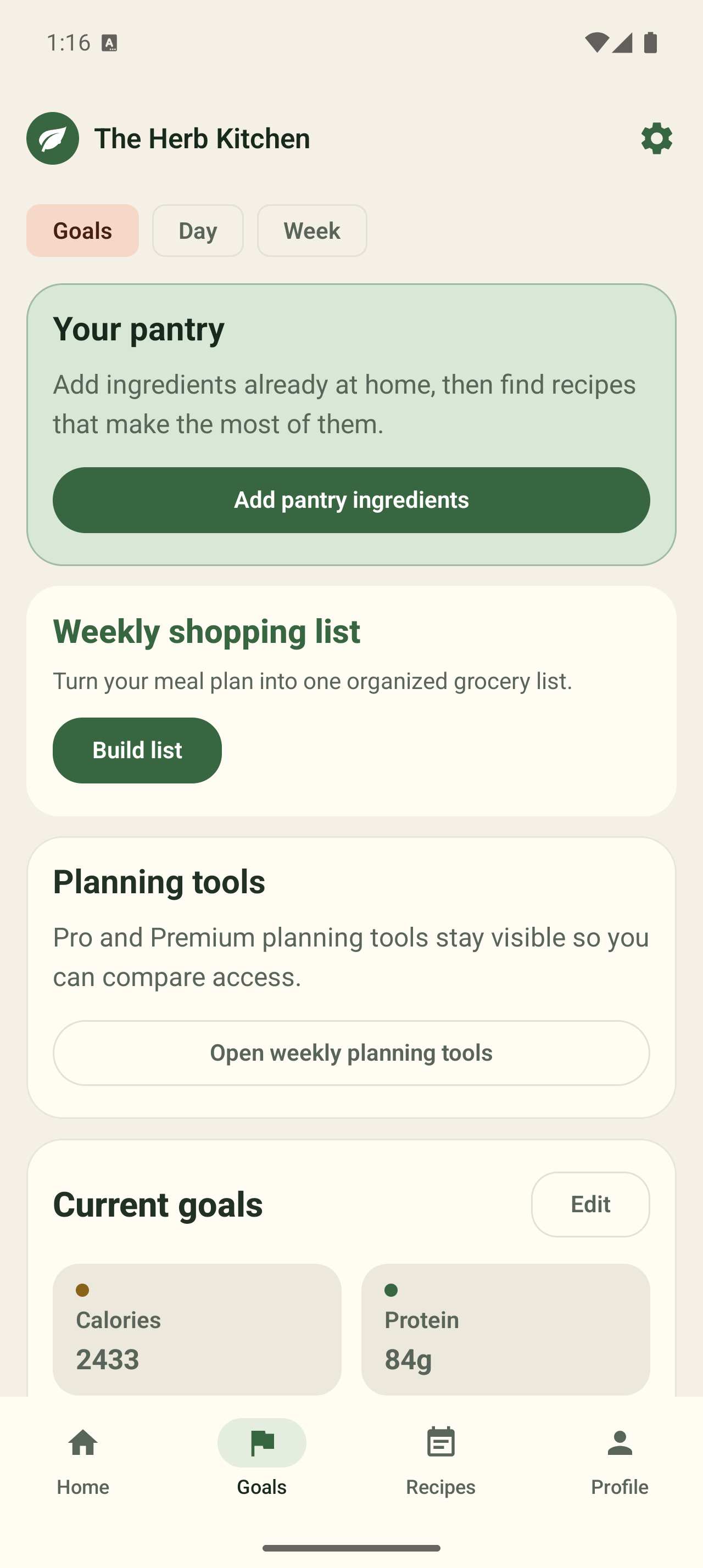 The Herb Kitchen daily nutrition goals screen